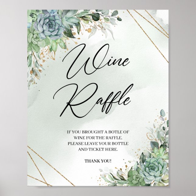 Boho succulents eucalyptus gold Wine Raffle game Poster (Front)