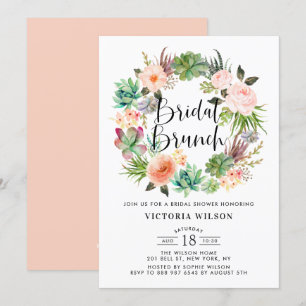 Boho Succulents Floral Wreath Bridal Brunch Invitation
