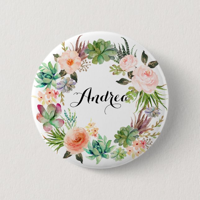 Boho Succulents Floral Wreath Personalised 6 Cm Round Badge (Front)