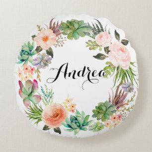 Boho Succulents Floral Wreath Personalised Round Cushion