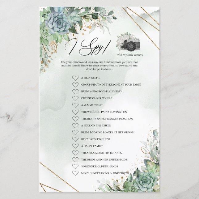 Boho succulents greenery foliage gold frame I Spy (Front)