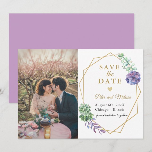Boho Succulents save the date photo Lavender Announcement (Front/Back)