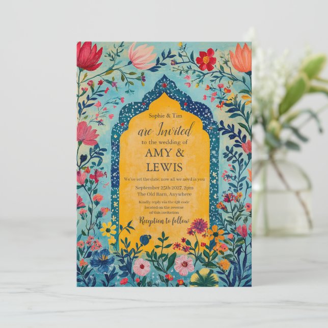 Boho Summer Blue Floral Wedding Invitation (Standing Front)