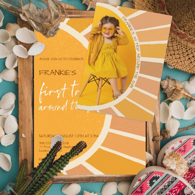 Boho Summer First Trip Around Sun Photo Birthday Invitation (Creator Uploaded)