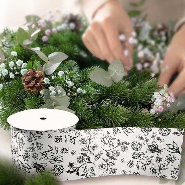    Boho Summer Floral Honey Bee Pattern White Cute Satin Ribbon (Creator Uploaded)