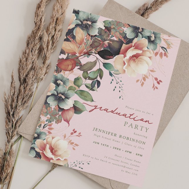 Boho Summer Garden Floral Graduation Blush  Invitation (Boho Summer Garden Floral Graduation Blush Invitation)