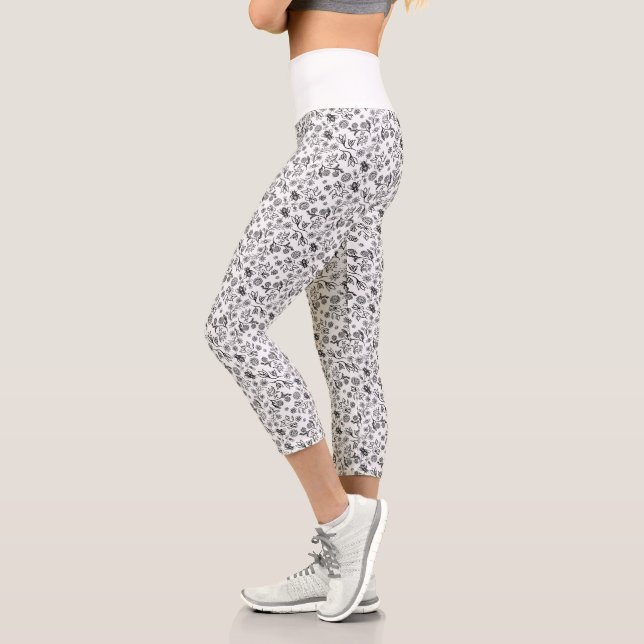    Boho Summer Honey Bee Floral Pattern White Cute Capri Leggings (Left)