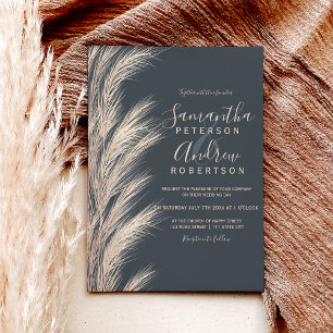 Boho summer pampas grass watercolor grey wedding invitation
