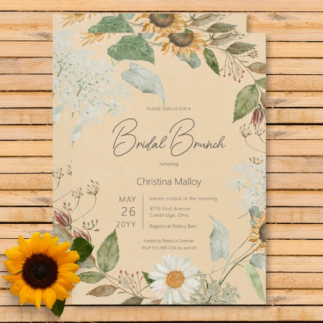 Boho Summer Sunflower & Daisy Gold Bridal Brunch Invitation (Boho Summer Sunflower & Daisy Gold Bridal Brunch Invitation)
