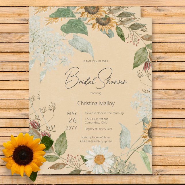 Boho Summer Sunflower & Daisy Gold Bridal Shower Invitation (Boho Summer Sunflower & Daisy Gold Bridal Shower Invitation)