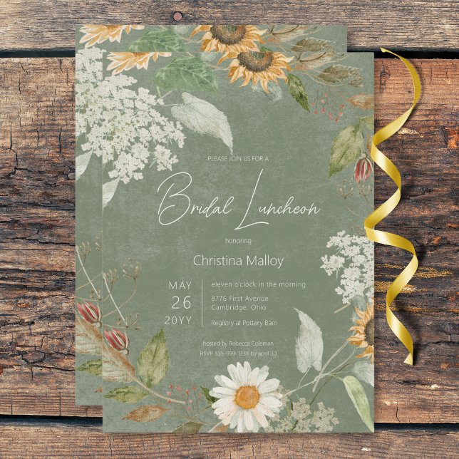 Boho Summer Sunflower & Daisy Green Bridal Lunch Invitation (Boho Summer Sunflower & Daisy Green Bridal Lunch Invitation)