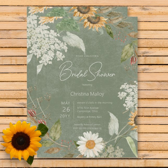 Boho Summer Sunflower & Daisy Green Bridal Shower Invitation (Boho Summer Sunflower & Daisy Green Bridal Shower Invitation)