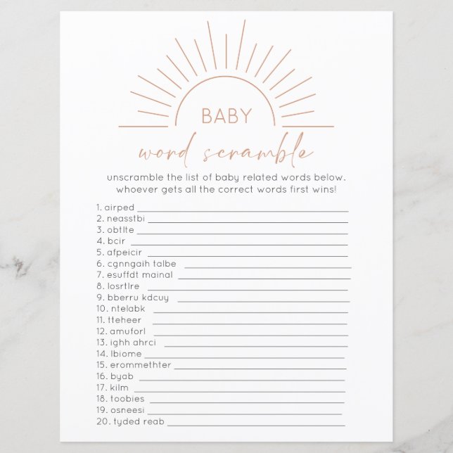 Boho Sun Baby Shower Word Scramble (Front)