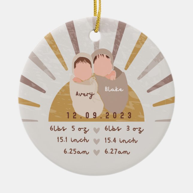 Boho Sun Baby Twins Birth Stats Keep Sake Ornament (Front)