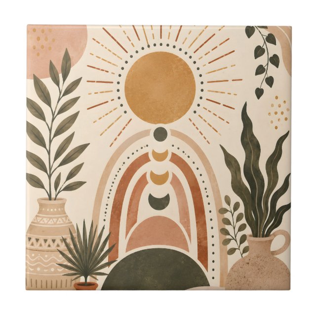 Boho Sun & Botanical Art Tile (Front)