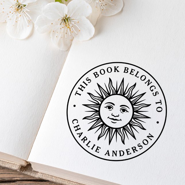 Boho sun character bookplate library book rubber stamp (Boho sun character bookplate library book rubber stamp)