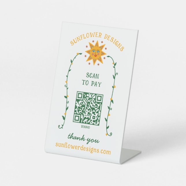 BOHO SUN Flowers Vines SCAN TO PAY QR CODE  Pedestal Sign (Front)