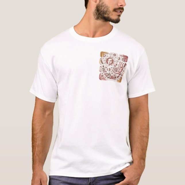 Boho Sun Moon Celestial Floral Design T-Shirt (Front)