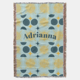 Boho Sun Moon Stars Baby Blue Yellow Personalised Throw Blanket