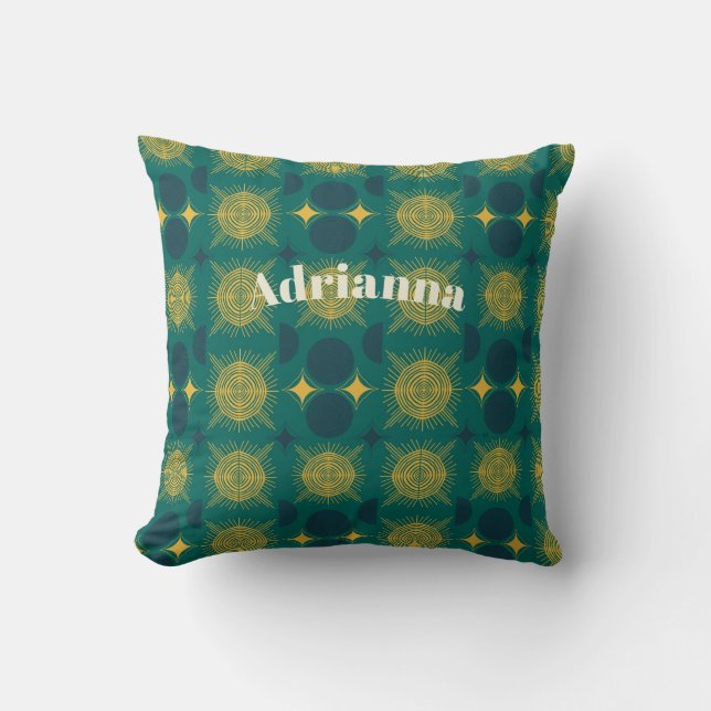 Boho Sun Moon Stars Baby Teal Yellow Personalised Cushion (Front)