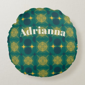 Boho Sun Moon Stars Baby Teal Yellow Personalised Round Cushion