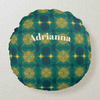 Boho Sun Moon Stars Baby Teal Yellow Personalised Round Cushion