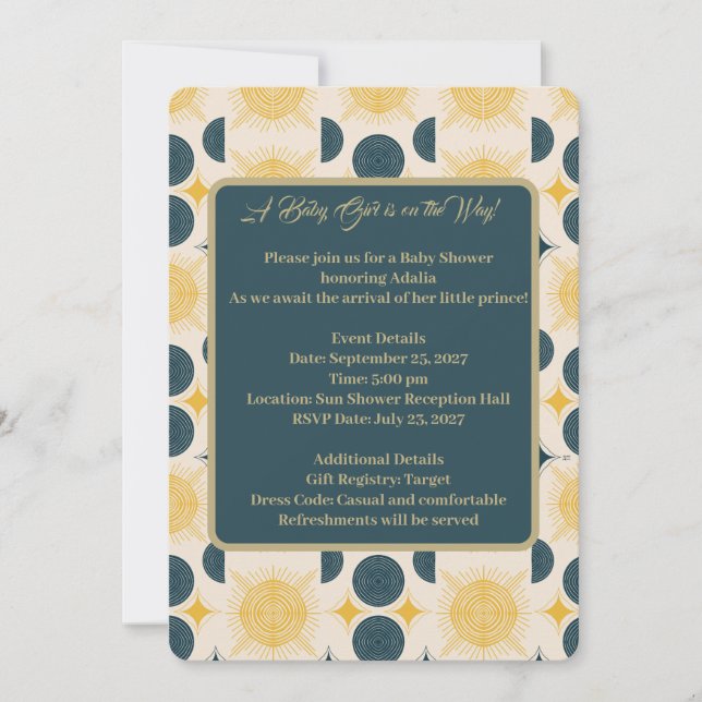 Boho Sun Moon Stars Blue Yellow  Invitation (Front)
