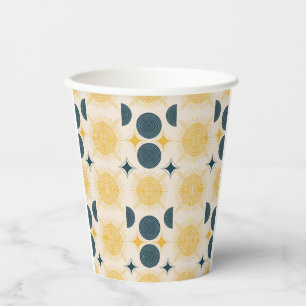 Boho Sun Moon Stars Blue Yellow Paper Cups