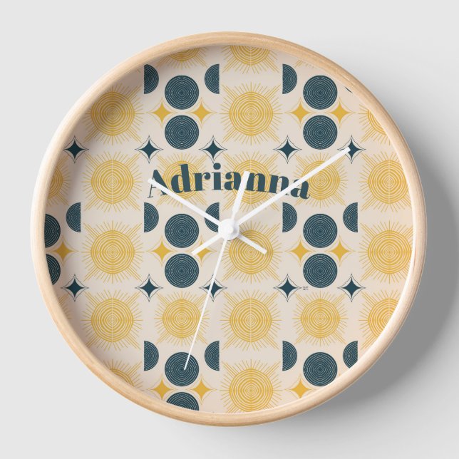 Boho Sun Moon Stars Blue Yellow Personalised Clock (Front)