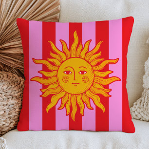 BOHO Sun on Red& Pink Stripes Retro Maximalist Cushion