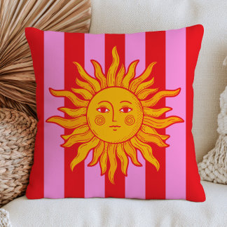 BOHO Sun on Red& Pink Stripes Retro Maximalist  Cushion