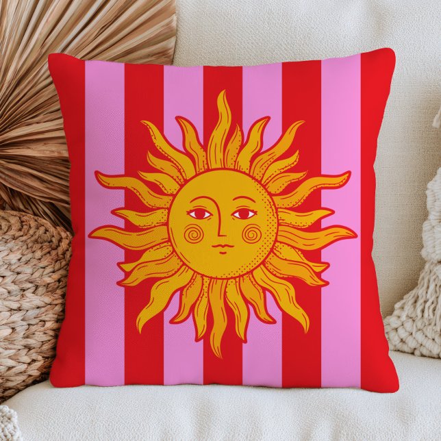 BOHO Sun on Red& Pink Stripes Retro Maximalist  Cushion (Creator Uploaded)