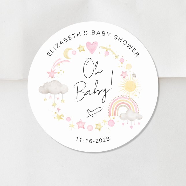 Boho Sun Rainbow Oh Baby Girl Shower Classic Round Sticker (Creator Uploaded)