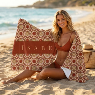 Boho Sunburst Crochet Pattern Terracotta Monogram Beach Towel