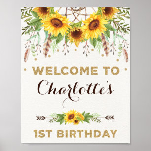Boho Sunflower 1st Birthday Rustic Summer Welcome Poster