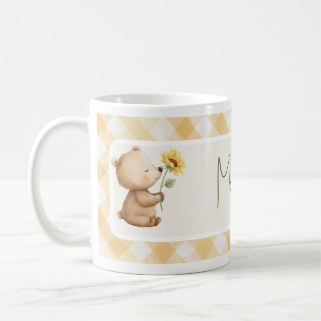 Boho Sunflower Bear Yellow Bow Gingham Name Coffee Mug (Left)