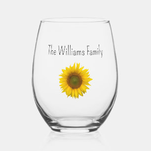 Boho Sunflower Botanical Summer Family Name Stemless Wine Glass