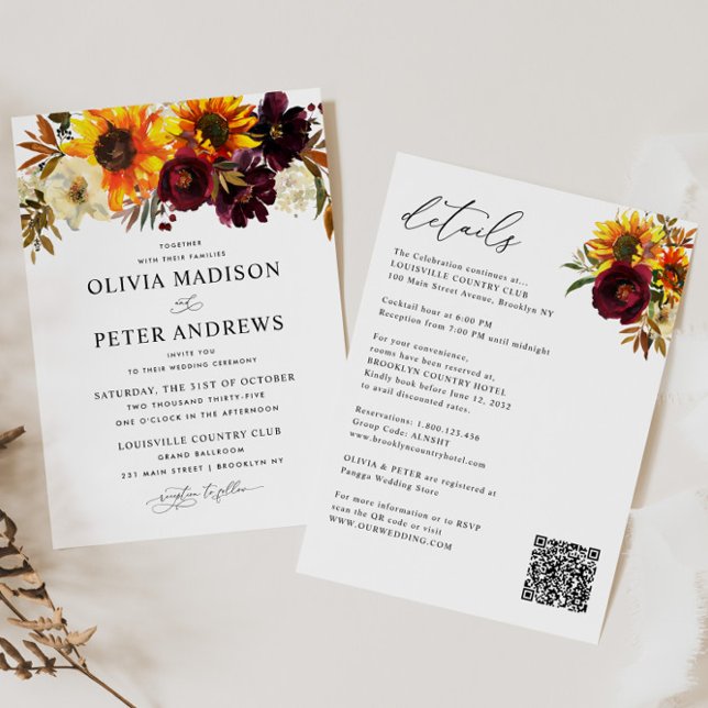 Boho Sunflower Burgundy Floral All in One Wedding Invitation (Creator Uploaded)