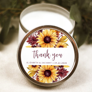 Boho Sunflower Burgundy Floral Wedding Thank You Classic Round Sticker