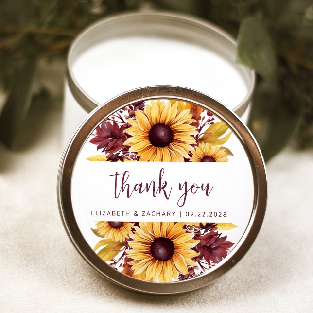 Boho Sunflower Burgundy Floral Wedding Thank You Classic Round Sticker (Creator Uploaded)