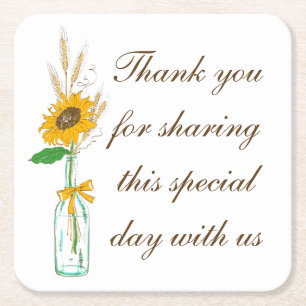 Boho Sunflower Country Wedding Yellow Floral Square Paper Coaster