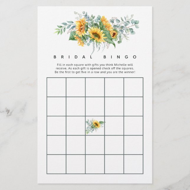 Boho Sunflower Eucalyptus Bridal Shower Bingo (Front)