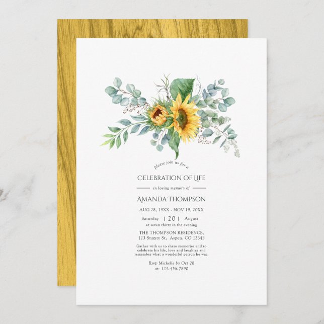 Boho Sunflower Eucalyptus Celebration of Life Invi Invitation (Front/Back)