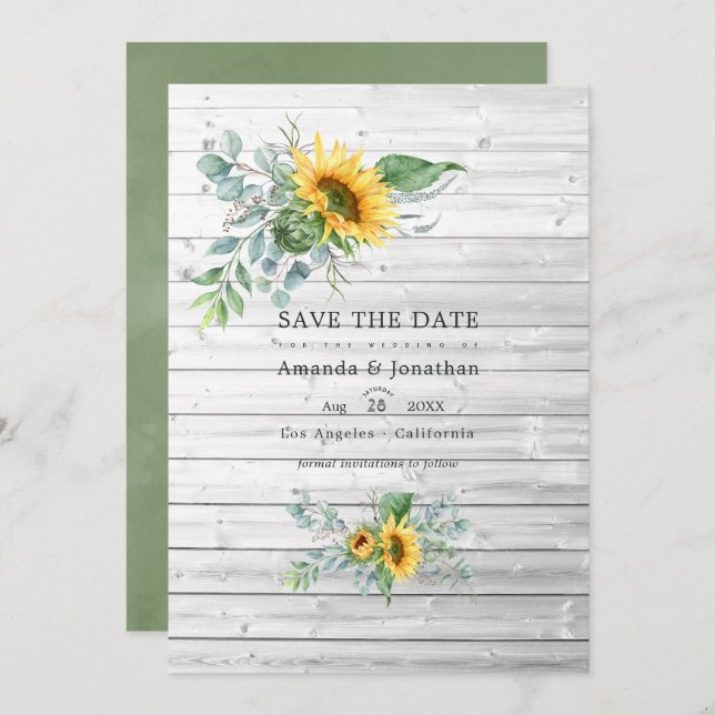 Boho Sunflower Eucalyptus Rustic Country Wedding Save The Date (Front/Back)