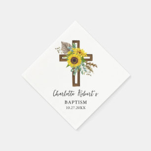 Boho Sunflower & Eucalyptus Rustic Cross Baptism Napkin
