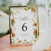 Boho Sunflower Floral Elegant Wedding Table Number