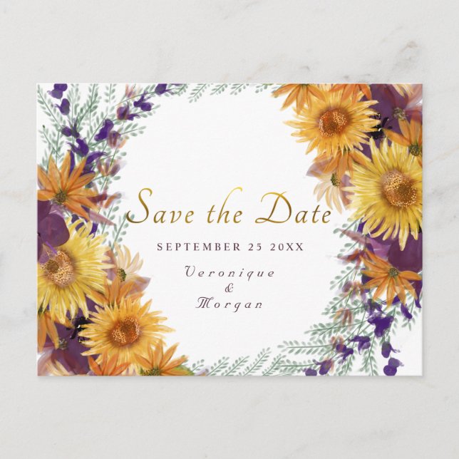 Boho sunflower floral gold script Save the Date Postcard (Front)