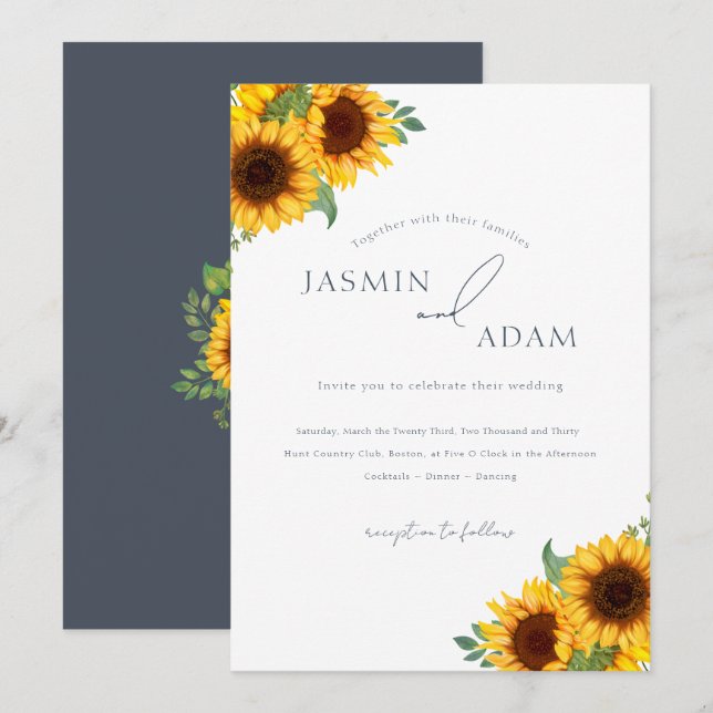 Boho Sunflower Floral Slate Blue Wedding Invitation (Front/Back)