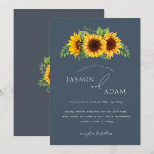 Boho Sunflower Floral Slate Blue Wedding Invitation