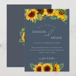 Boho Sunflower Floral Slate Blue Wedding Invitation